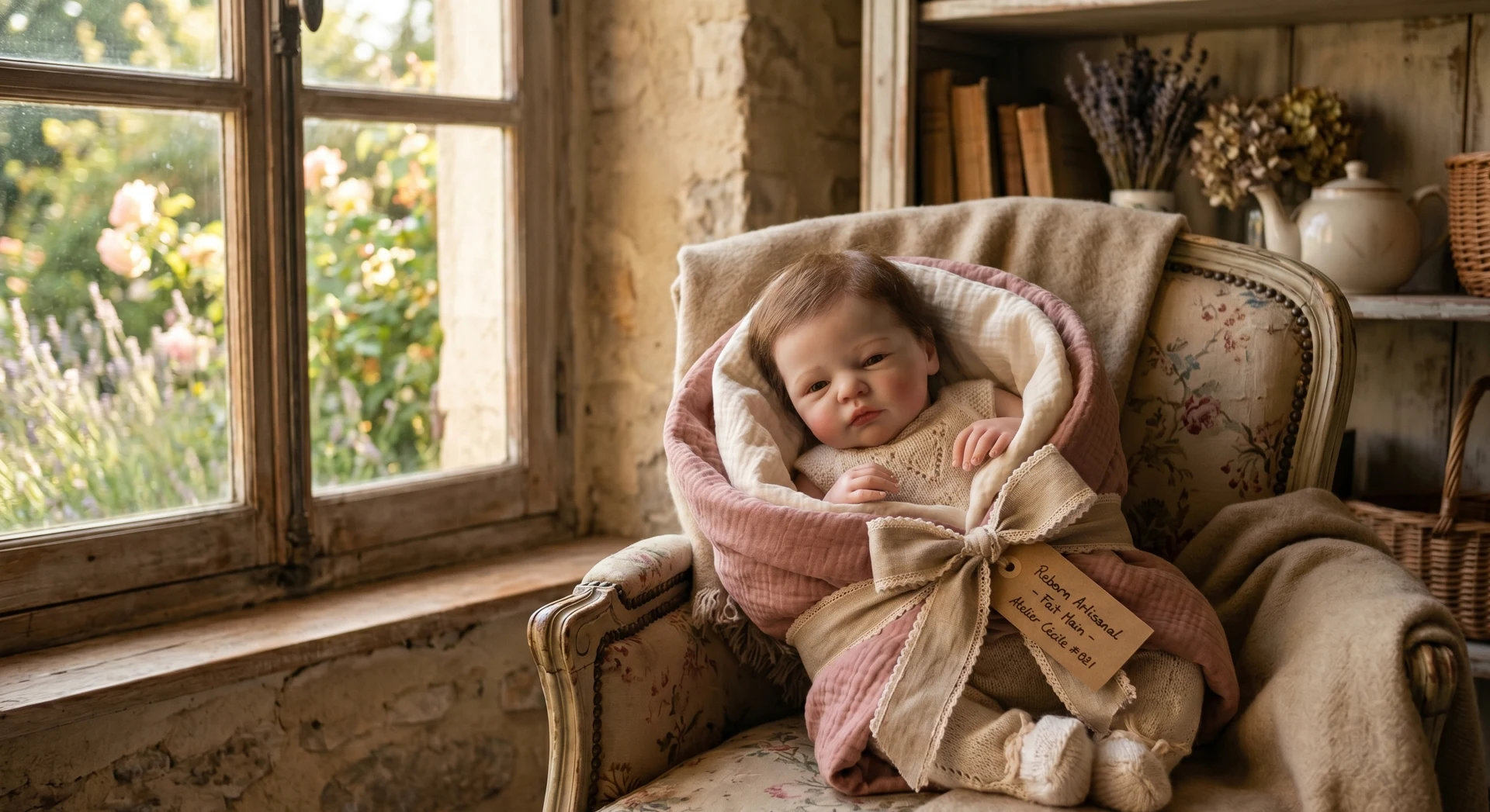 Poupée reborn artisanale emballée dans du tissu rose poudré et lin crème, posée sur un fauteuil Louis XV dans un intérieur cottage français vintage, lumière dorée d'après-midi.