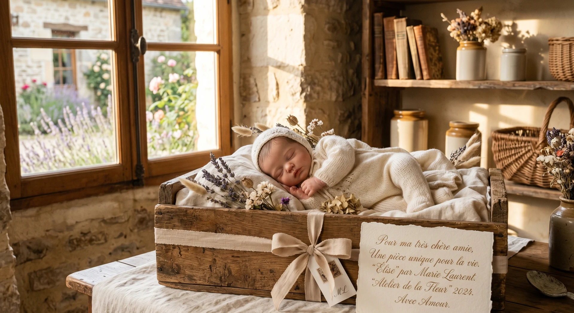 Poupée reborn artisanale endormie en pyjama crème, présentée dans une caisse en bois ancien patiné garnie de lin crème naturel, accompagnée de lavande séchée de Provence et d'une carte manuscrite calligraphiée, cottagecore français, lumière golden hour.