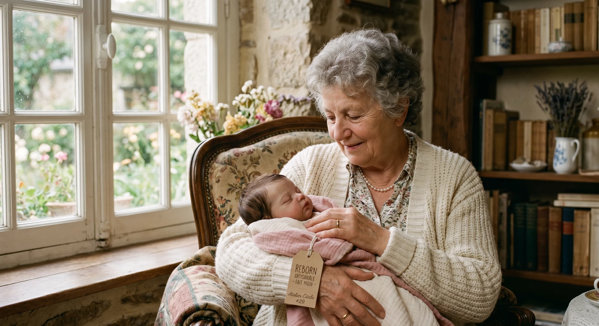 Grand-mère française âgée en cardigan crème assise dans un fauteuil floral, tient contre son cœur une poupée reborn artisanale enveloppée de tissu rose poudré, étiquette artisanale visible, intérieur cottage français, lumière naturelle d'une fenêtre, moment tendre.