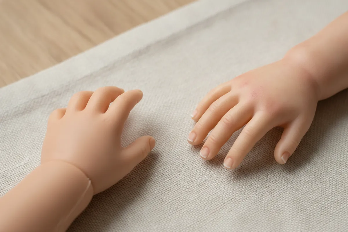 Gros plan sur deux mains de poupée posées sur du lin : à gauche une main de poupon industriel en vinyle, teinte pêche uniforme et ligne de moulage visible au poignet ; à droite une main de poupée reborn d'artiste aux rougeurs nuancées et aux ongles peints.