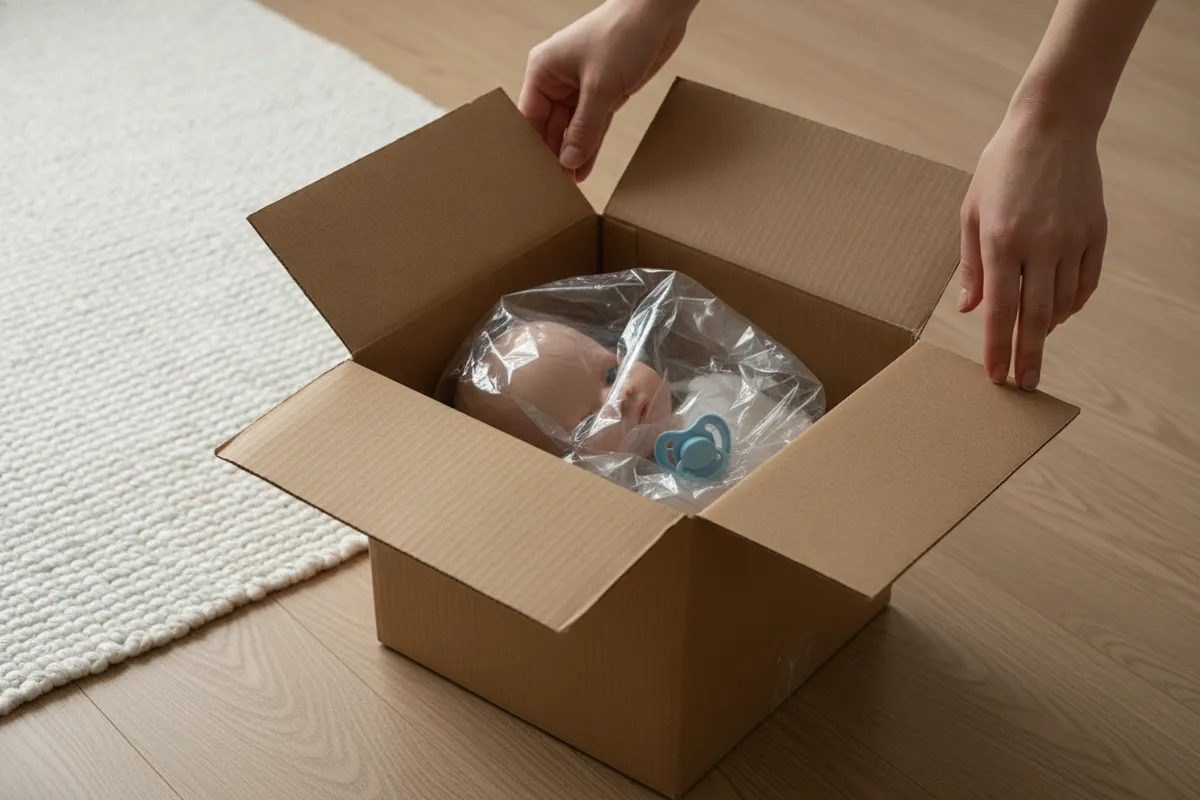 Des mains ouvrent un carton de livraison neutre posé sur un parquet clair ; à l'intérieur, un poupon industriel emballé dans un sachet plastique transparent, une tétine bleue à côté de son visage.