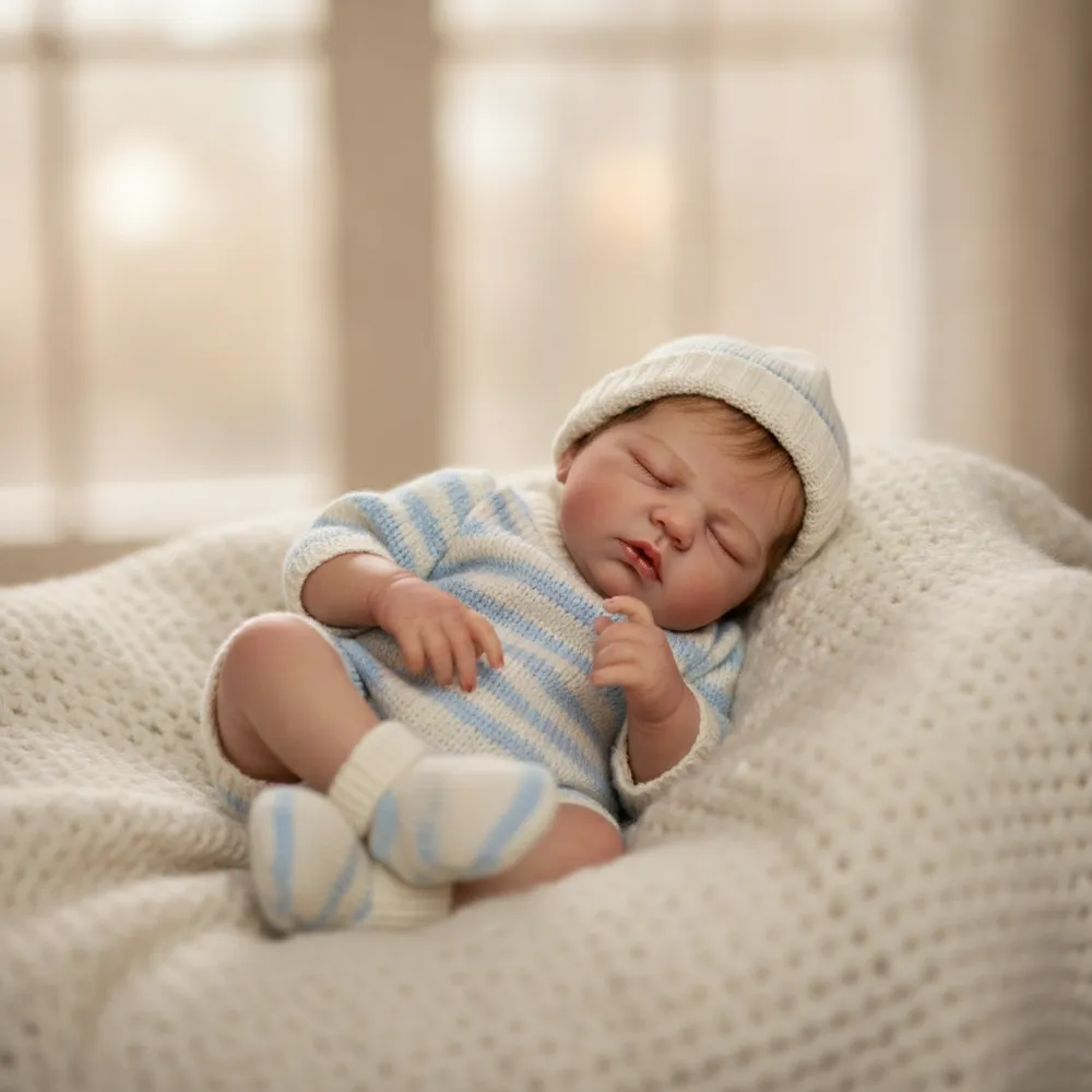 Bébé reborn garçon aux cheveux courts, en tenue tricotée bleu et crème, endormi sur une couverture.