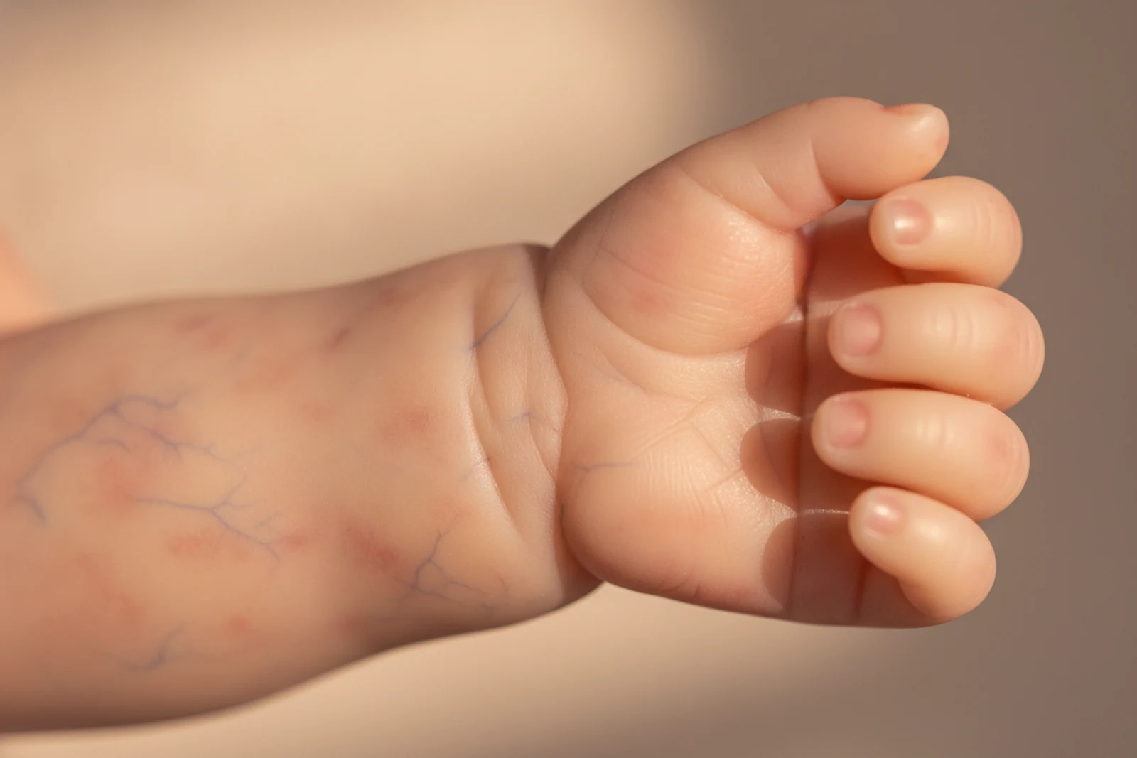 Plan macro sur la peau d'un bébé reborn en silicone montrant des marbrures rosées et de fines veines bleutées sous une surface légèrement translucide, lumière douce en transmission.