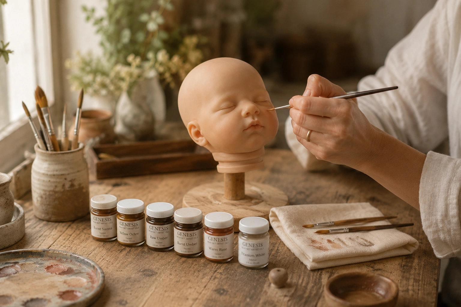 Atelier d'artiste reborn : la main d'un artisan applique de la peinture sur la joue d'une tête de poupée en cours, pots de peinture Genesis et pinceaux disposés sur un établi en bois clair.
