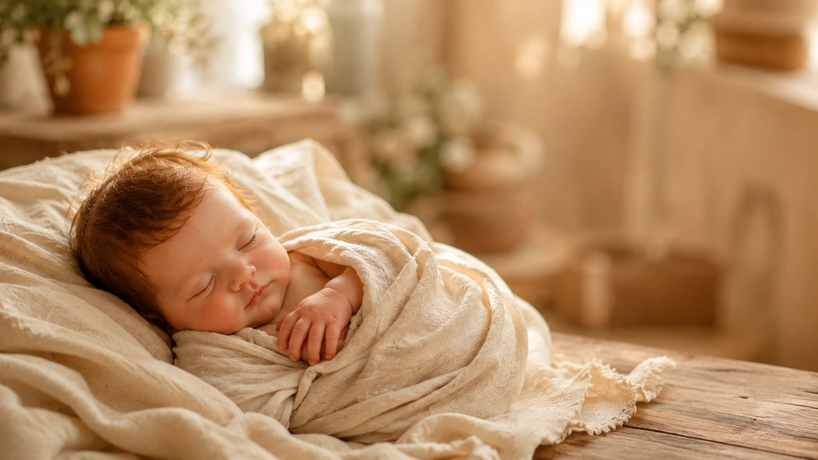 Une poupée reborn endormie dans un linge de lin crème, lumière naturelle douce d'un intérieur cosy.