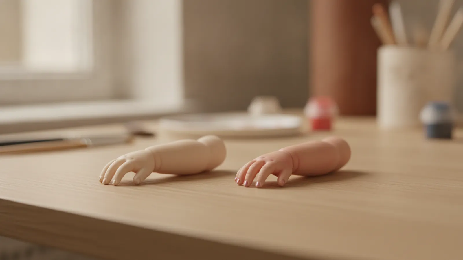 Deux petits bras de poupée en vinyle posés côte à côte sur une table en bois : à gauche un bras brut au vinyle uniforme, à droite un bras identique peint, avec une légère rougeur aux doigts et des ongles teintés.