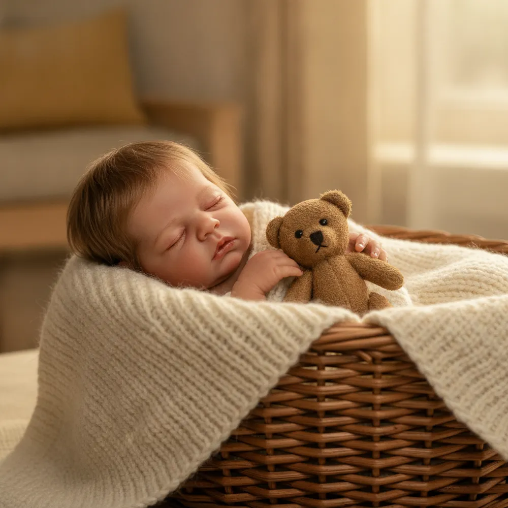 Bébé reborn installé dans un panier tressé avec une couverture, prêt à être expédié par une artiste.