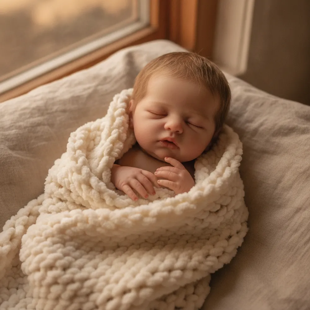 Bébé reborn de qualité endormi dans une couverture crème, illustrant le niveau de finition qui justifie le prix.