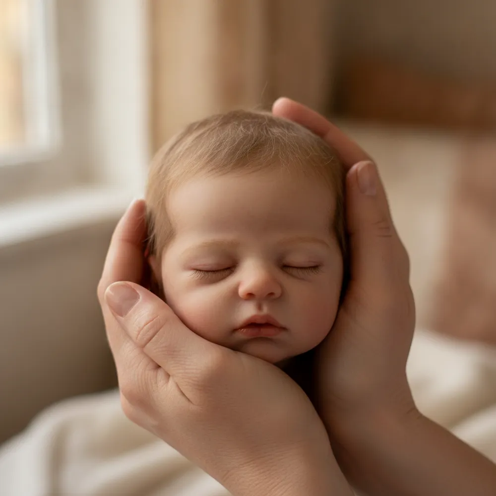 Bébé reborn tenu délicatement dans deux mains d'adulte, évoquant le réconfort recherché en doll therapy.