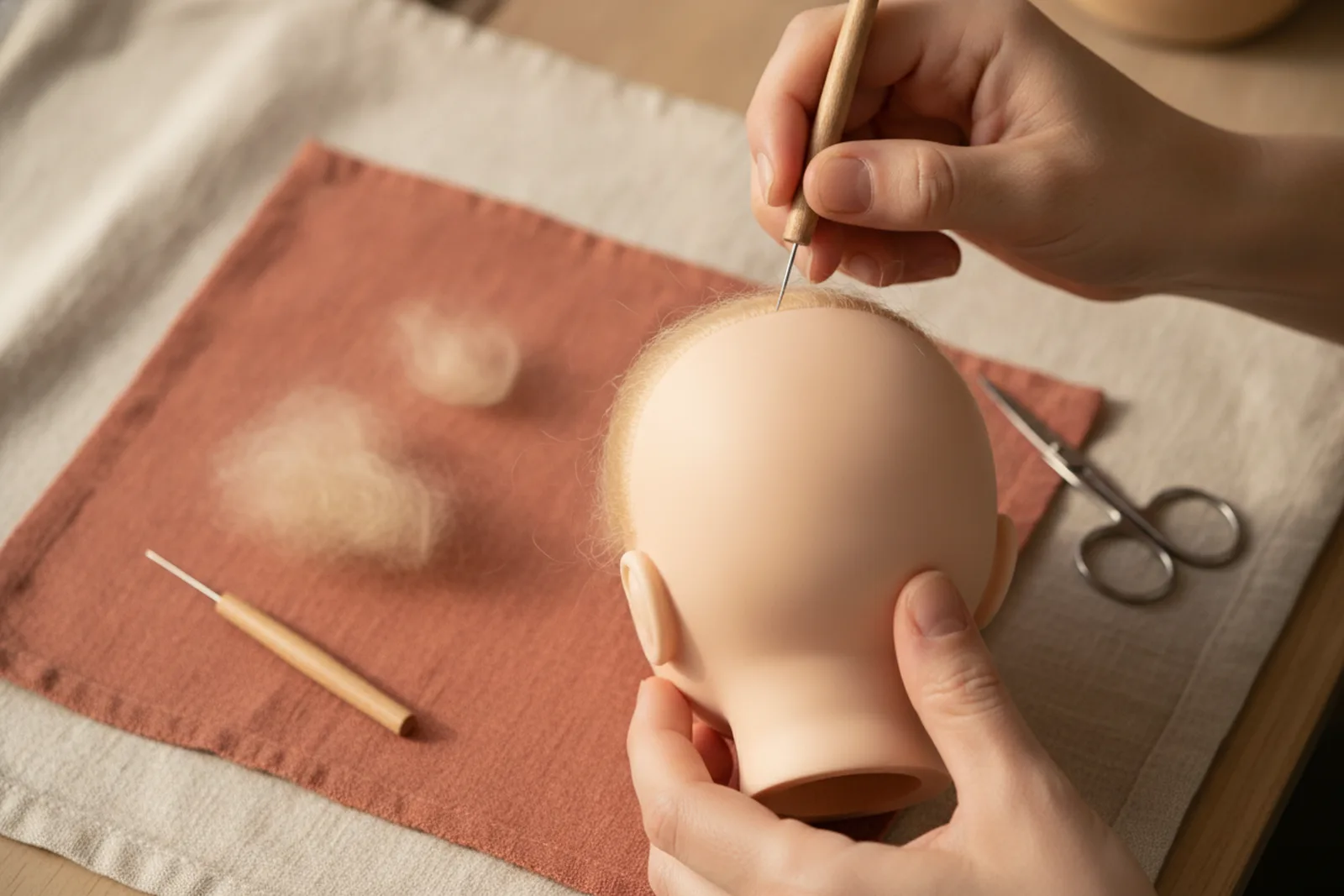 Mains d'une artiste implantant des fibres de mohair blond, à l'aide d'une aiguille à manche en bois, dans le crâne d'une tête de poupée reborn en vinyle vue de dos, dont l'ouverture du cou est visible, au-dessus d'un linge terracotta portant des touffes de mohair, une seconde aiguille et des ciseaux.