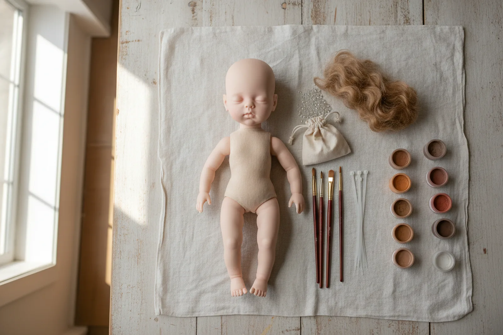 Vue de dessus d'une poupée en vinyle non peinte, aux yeux fermés, montée sur un corps en tissu beige et posée sur un linge en lin, à côté d'un sachet de billes de verre, d'une mèche de mohair blond, de pinceaux fins, de colliers de serrage et de petits pots de pigments.