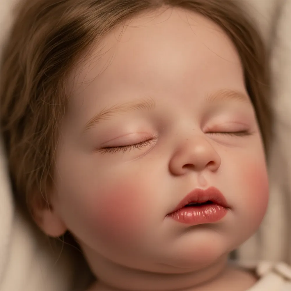 Gros plan sur le visage d'un vrai bébé reborn : grain de peau, cils implantés et carnation peinte à la main, marqueurs d'authenticité.