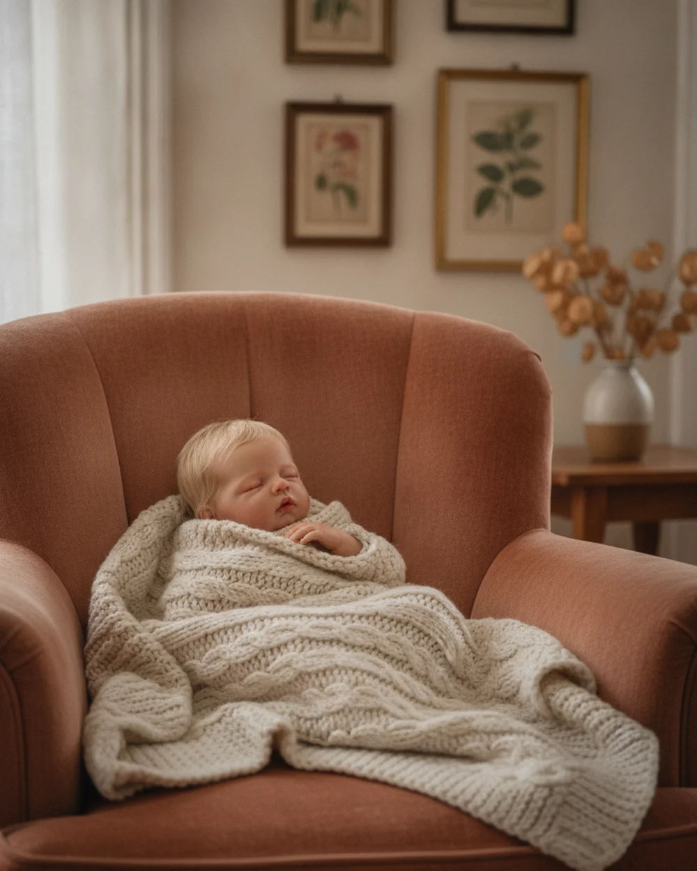 Poupée reborn dans une couverture tricotée, posée sur un fauteuil, ambiance apaisée.
