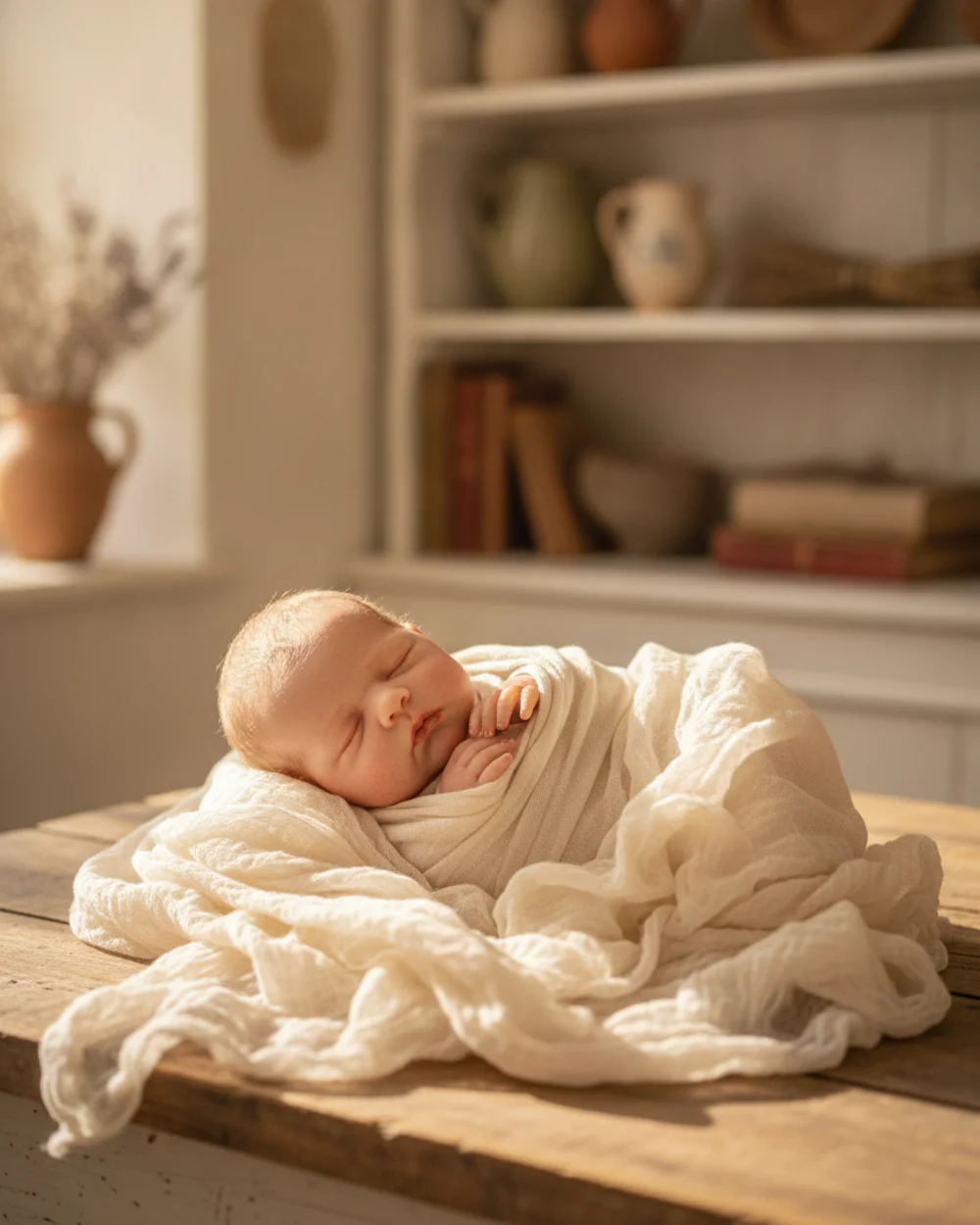Poupée reborn artisanale endormie dans un linge de lin crème, lumière naturelle douce.