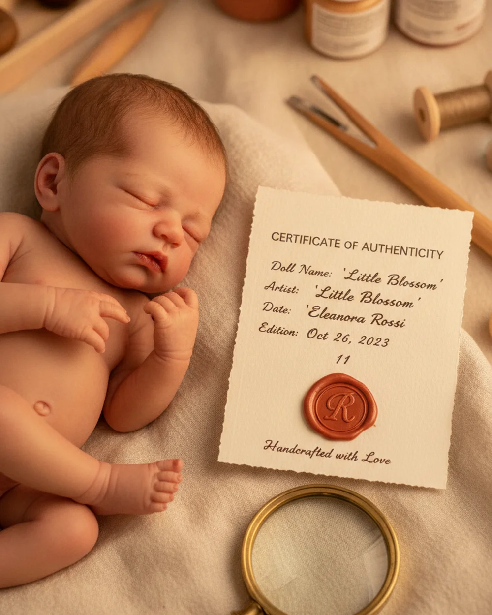 Poupée reborn d'artiste présentée avec son certificat d'authenticité.
