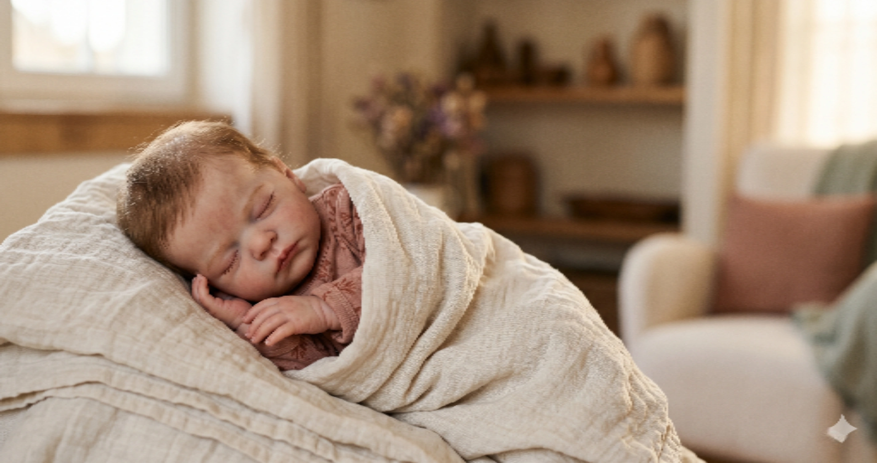 Un bébé reborn endormi dans un linge de lin crème, dans un intérieur cosy aux tons chauds et étagère bois en arrière-plan.